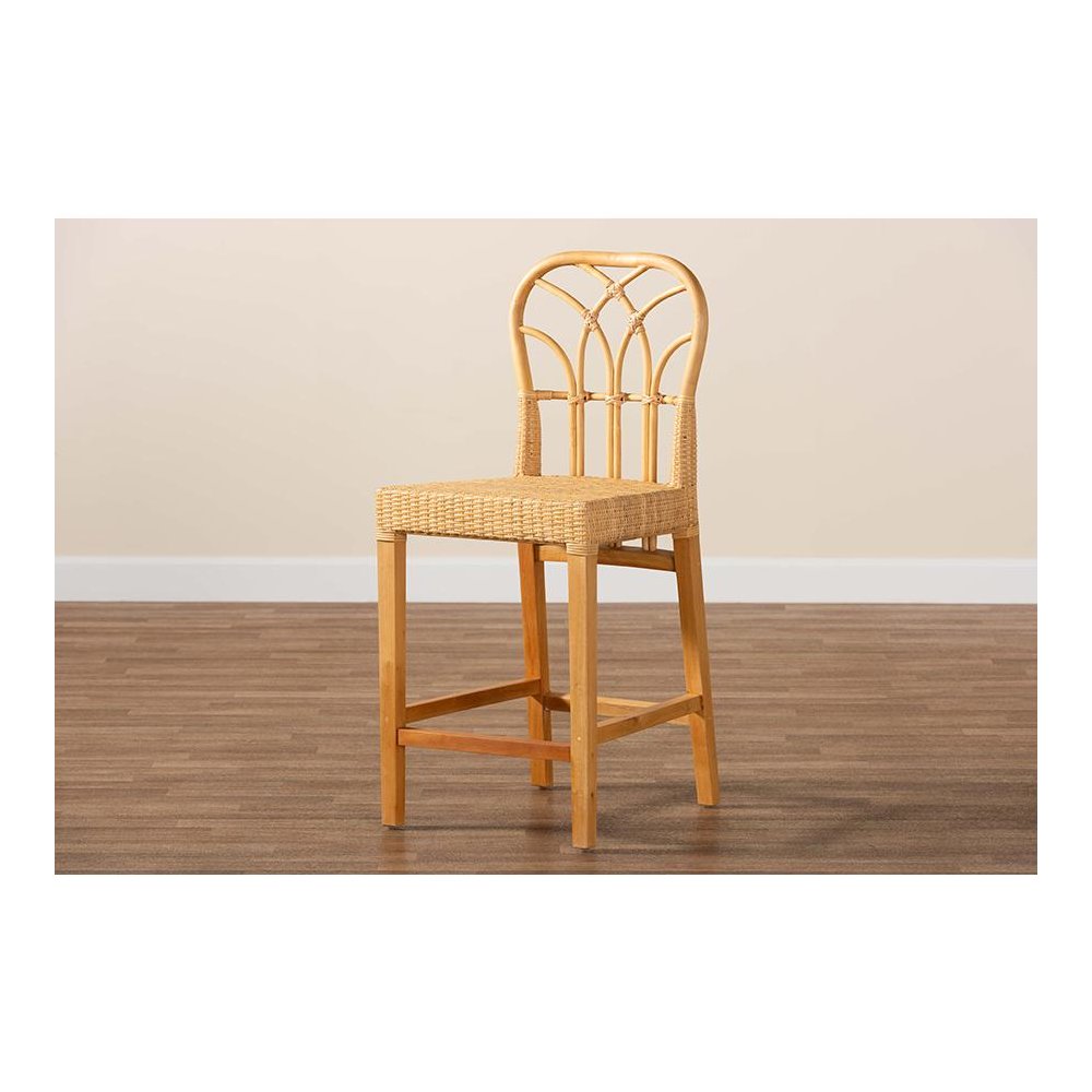 Monaco Modern Bohemian Natural Rattan and Mahogany Wood Counter Stool