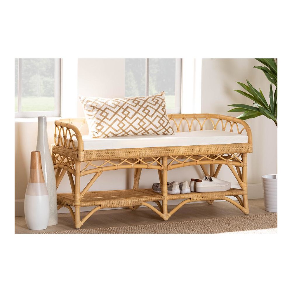 bali & pari Leryn Modern Bohemian Natural Brown Rattan Bench
