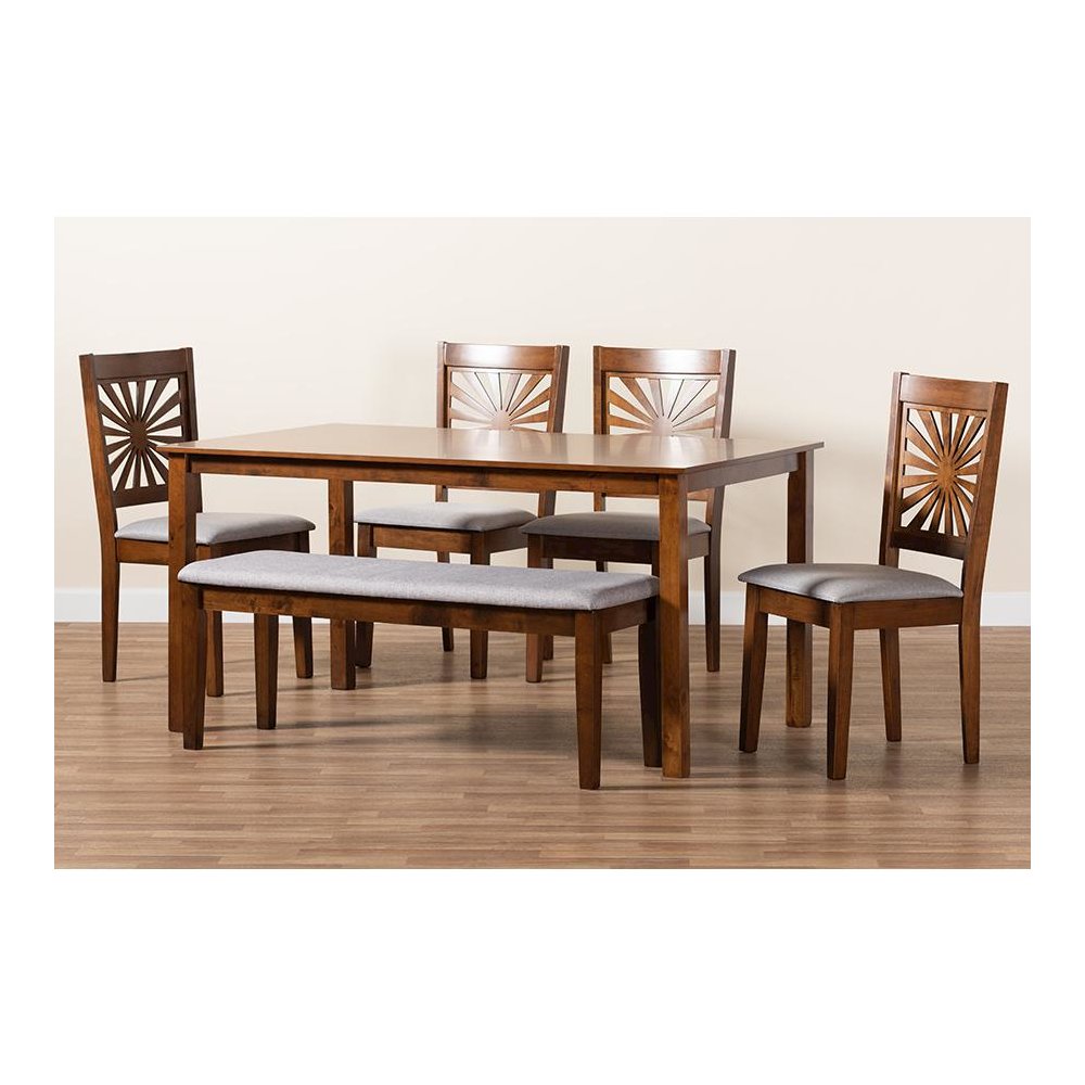 Olympia Modern Grey Fabric and Walnut Brown Finished Wood 6-Piece Dining Set