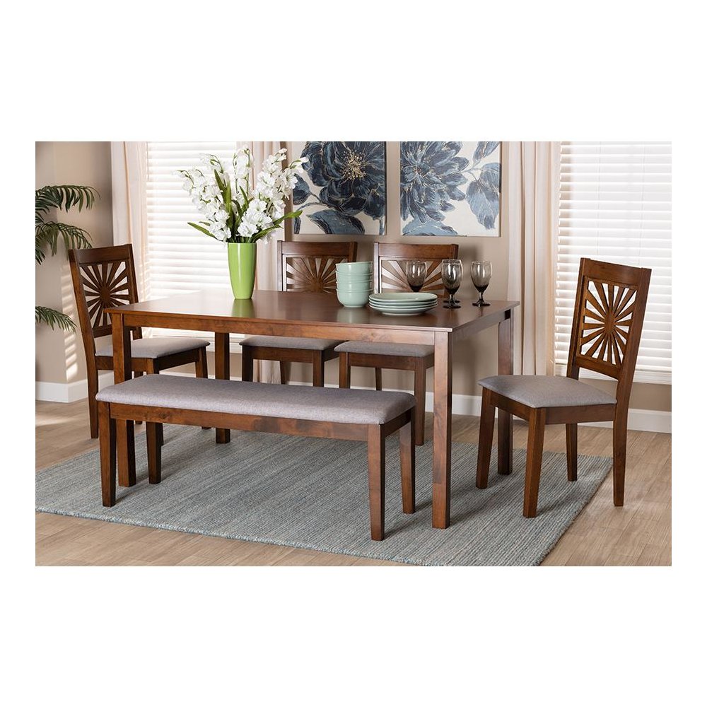 Olympia Modern Grey Fabric and Walnut Brown Finished Wood 6-Piece Dining Set