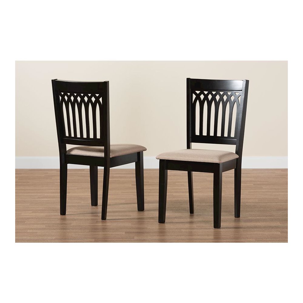 Beige Fabric and Dark Brown Finished Wood 2-Piece Dining Chair Set