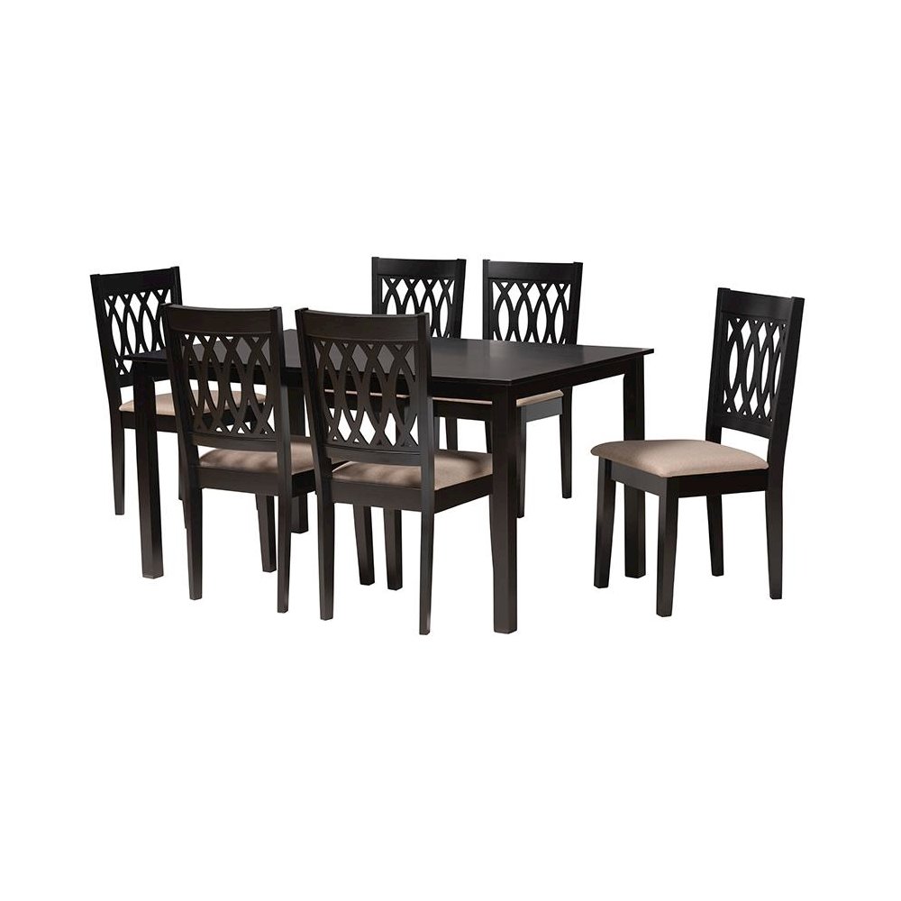 Beige Fabric and Espresso Brown Finished Wood 7-Piece Dining Set