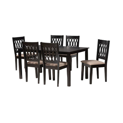 Beige Fabric and Espresso Brown Finished Wood 7-Piece Dining Set