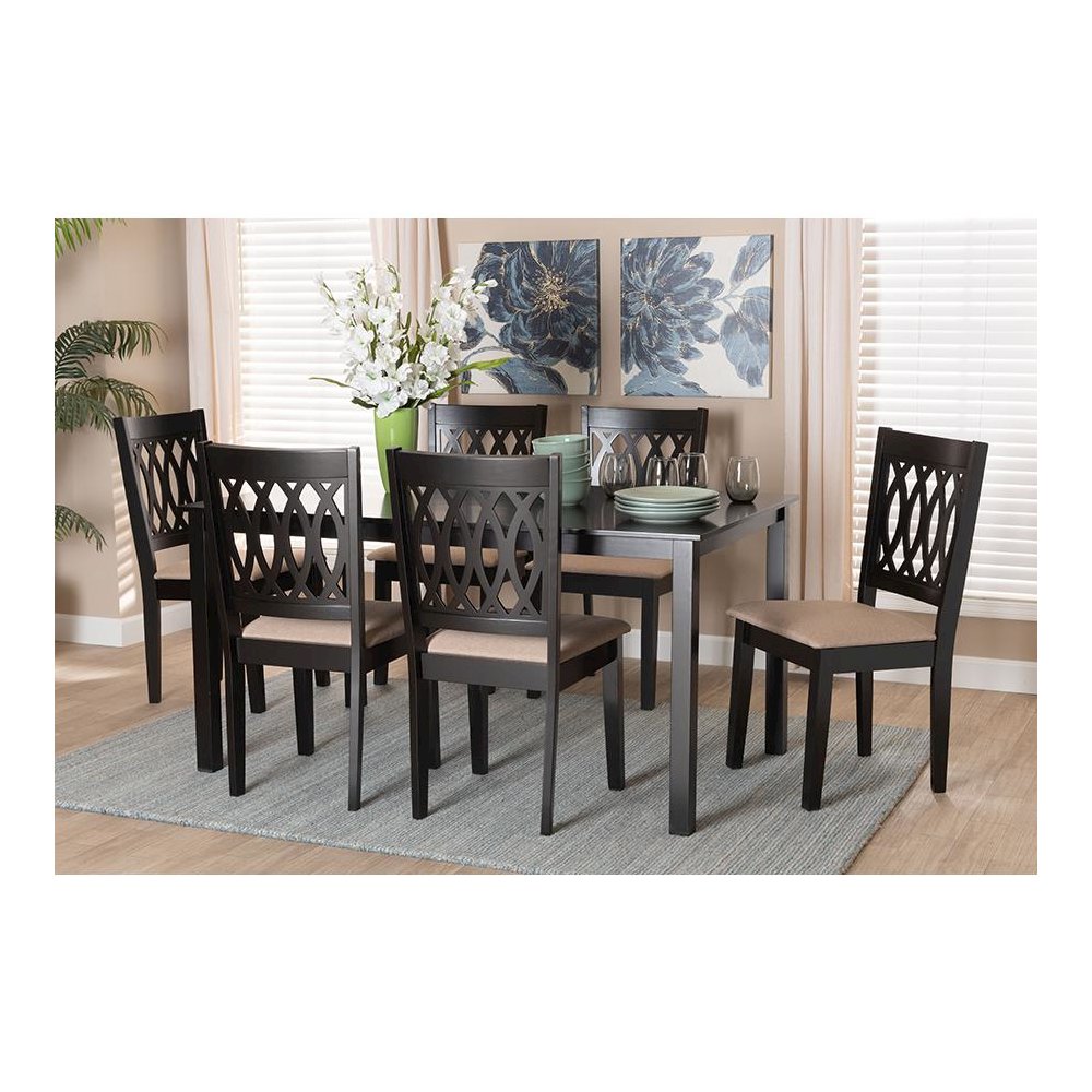 Beige Fabric and Espresso Brown Finished Wood 7-Piece Dining Set