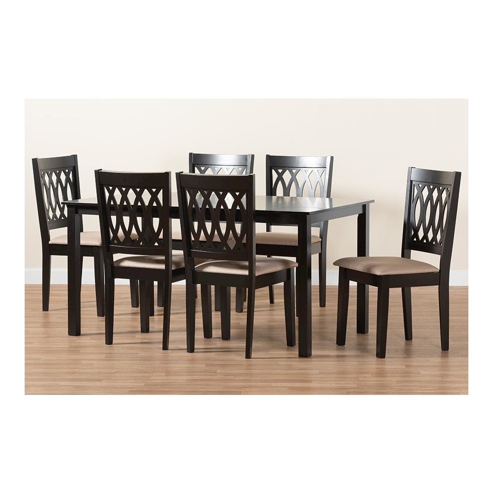 Beige Fabric and Espresso Brown Finished Wood 7-Piece Dining Set