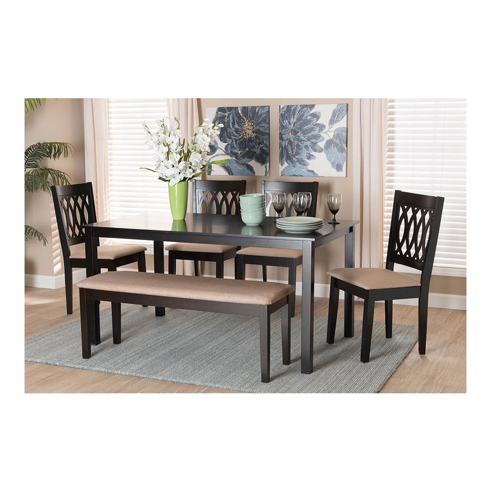 Beige Fabric and Espresso Brown Finished Wood 6-Piece Dining Set