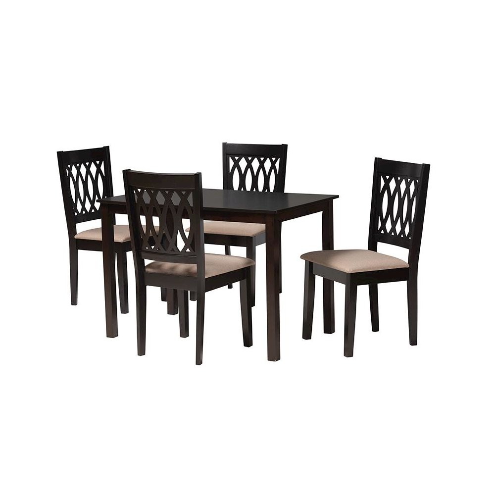 Beige Fabric and Espresso Brown Finished Wood 5-Piece Dining Set