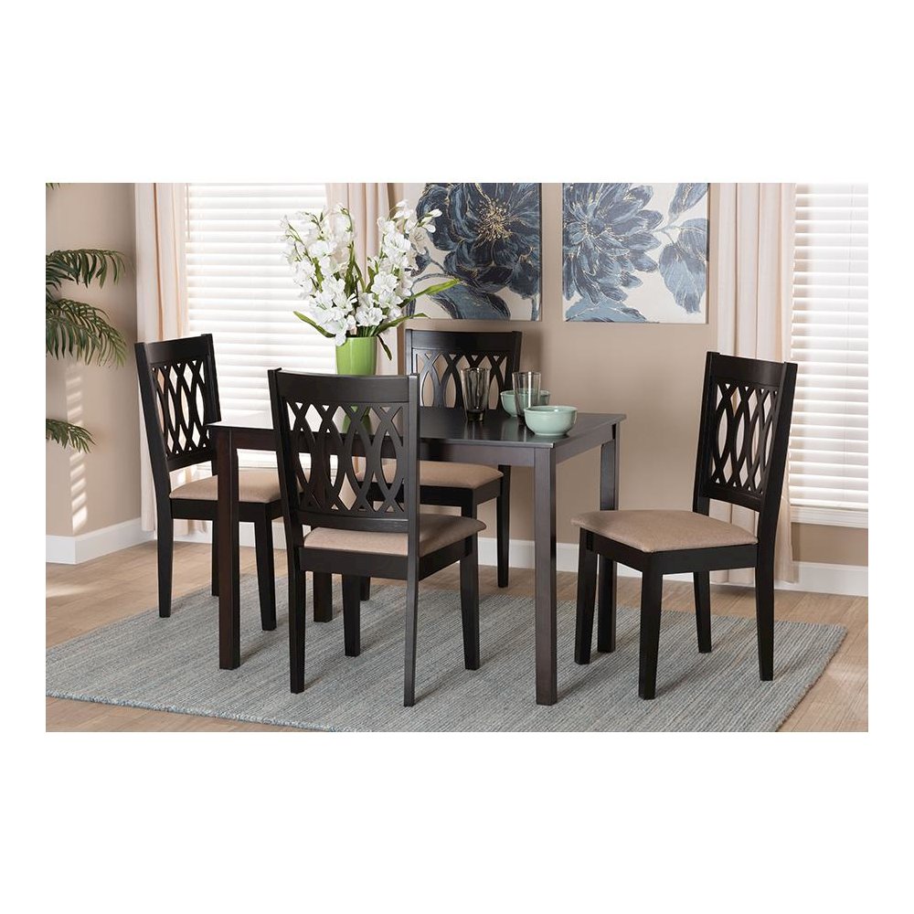 Beige Fabric and Espresso Brown Finished Wood 5-Piece Dining Set