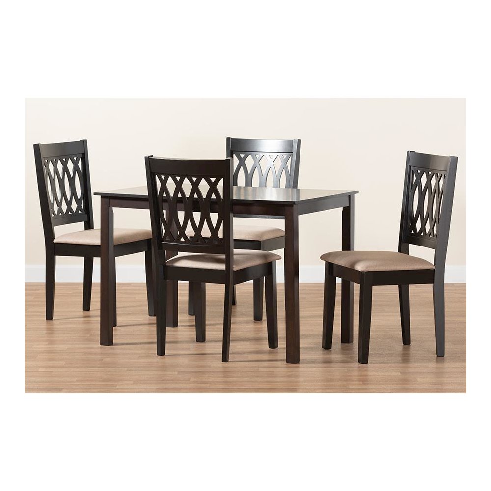 Beige Fabric and Espresso Brown Finished Wood 5-Piece Dining Set