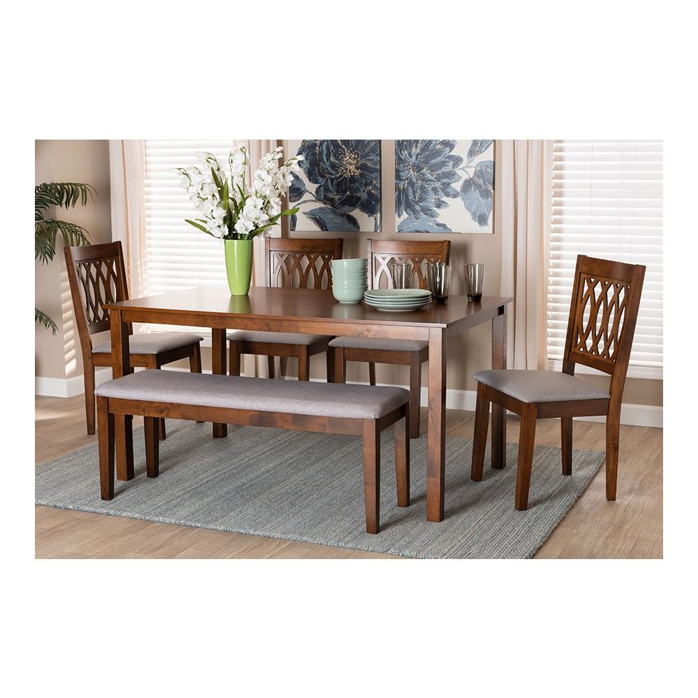 Florencia Modern Grey Fabric and Walnut Brown Finished Wood 6-Piece Dining Set