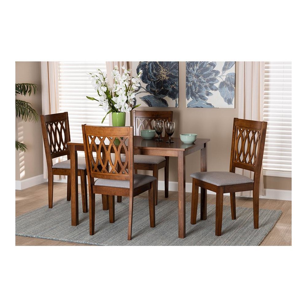 Florencia Modern Grey Fabric and Walnut Brown Finished Wood 5-Piece Dining Set