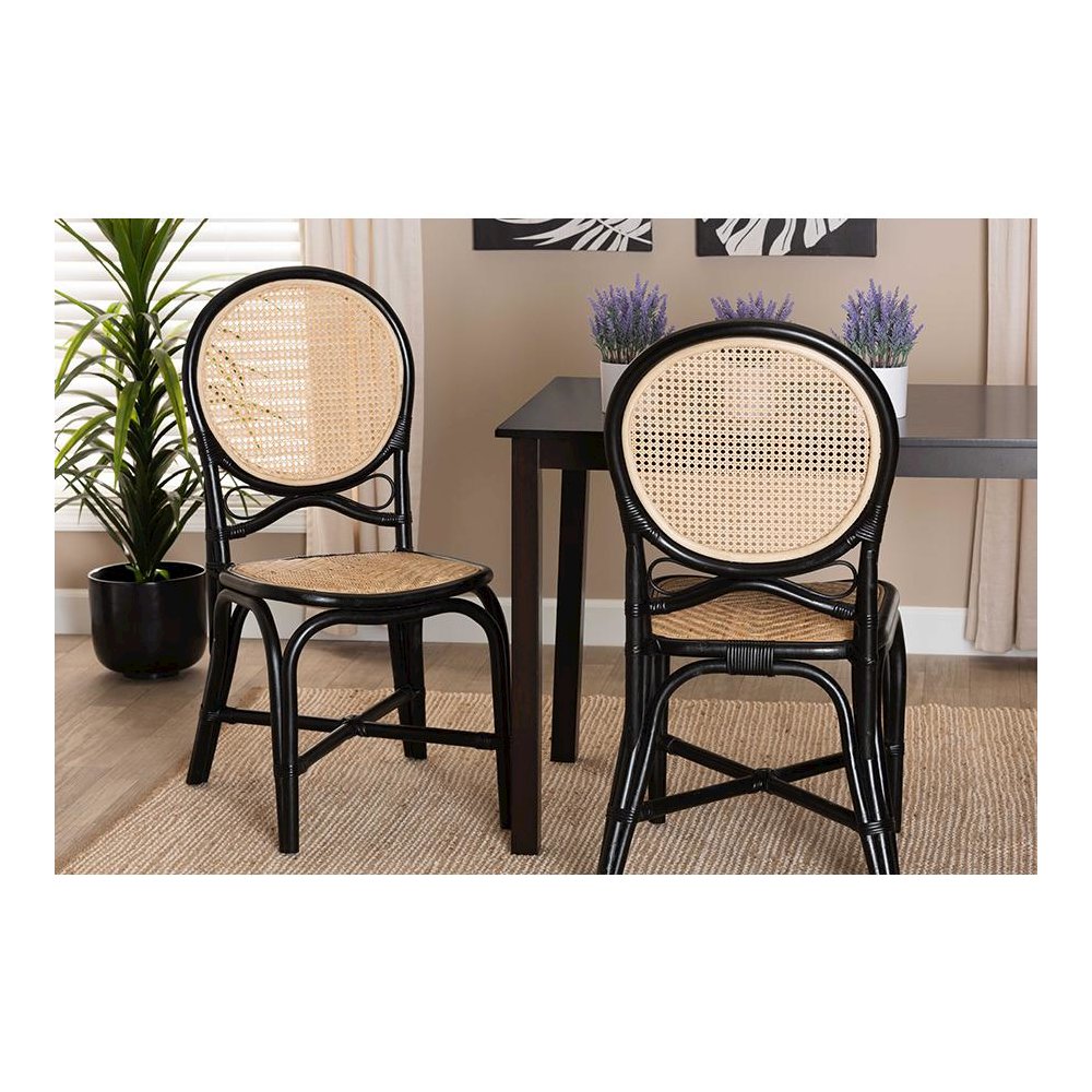 Two-Tone Black and Natural Brown Rattan Dining Chair