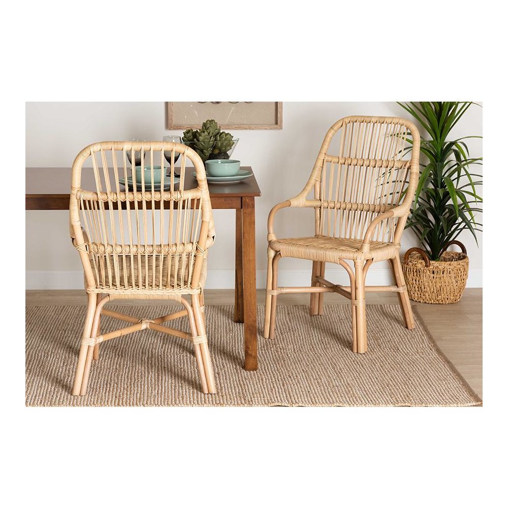 Bohemian Natural Brown Rattan 2-Piece Dining Chair Set