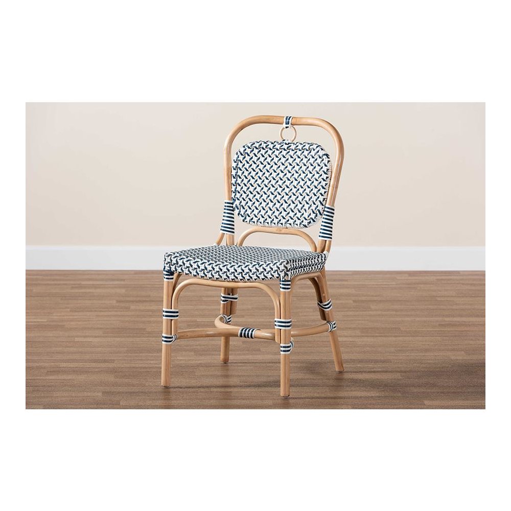 French Blue and White Weaving Natural Rattan Bistro Chair