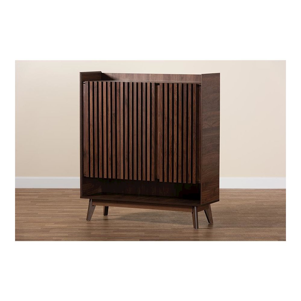 Baxton Studio Delaire Mid-Century Modern Walnut Brown Finished Wood Shoe Cabinet