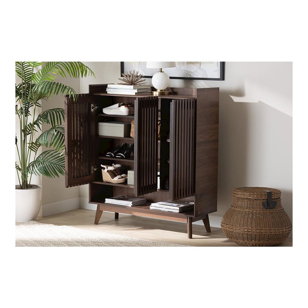 Baxton Studio Delaire Mid-Century Modern Walnut Brown Finished Wood Shoe Cabinet