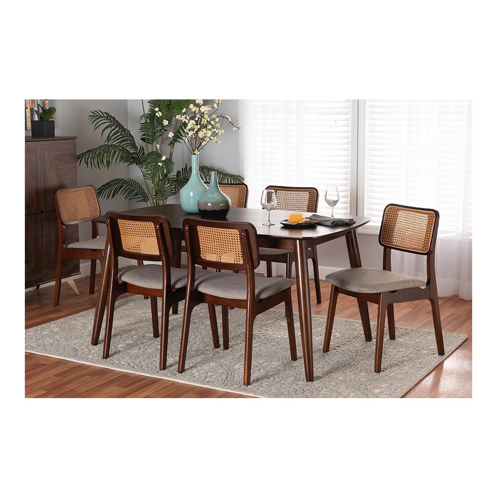 Grey Fabric and Walnut Brown Finished Wood 7-Piece Dining Set