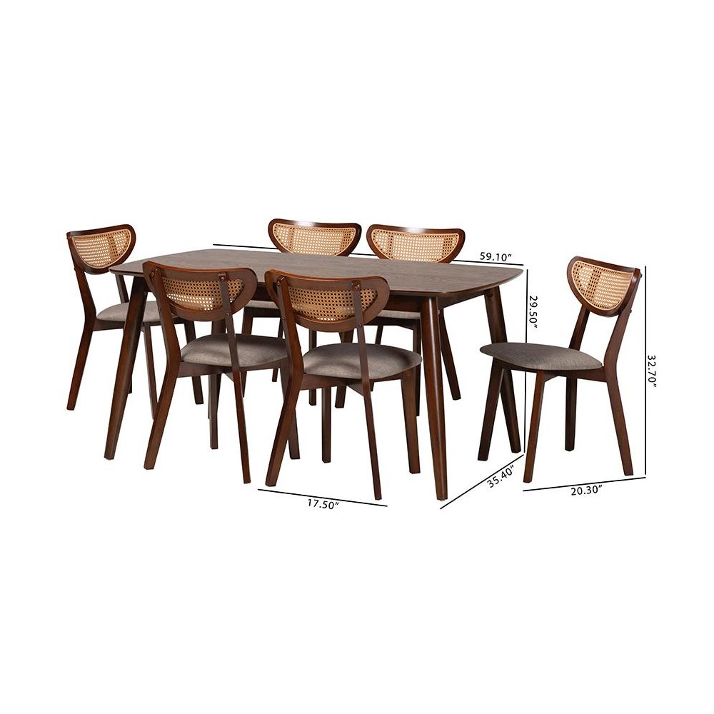 Grey Fabric and Walnut Brown Finished Wood 7-Piece Dining Set