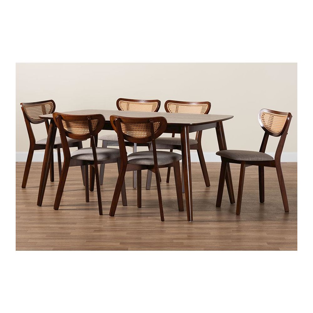 Grey Fabric and Walnut Brown Finished Wood 7-Piece Dining Set