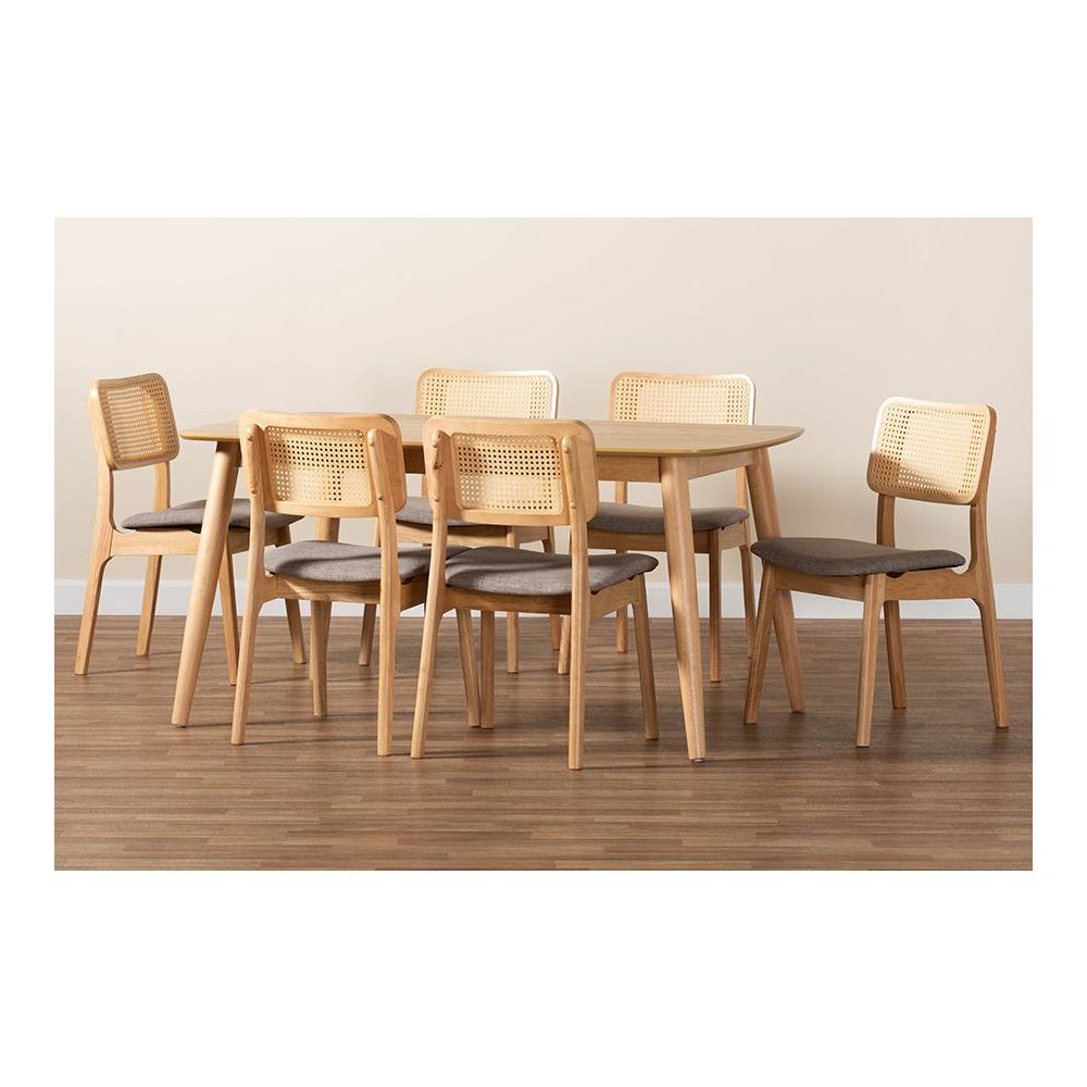 Grey Fabric and Natural Oak Finished Wood 7-Piece Dining Set