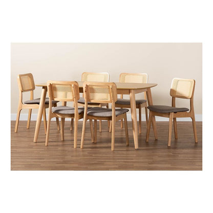 Grey Fabric and Natural Oak Finished Wood 7-Piece Dining Set