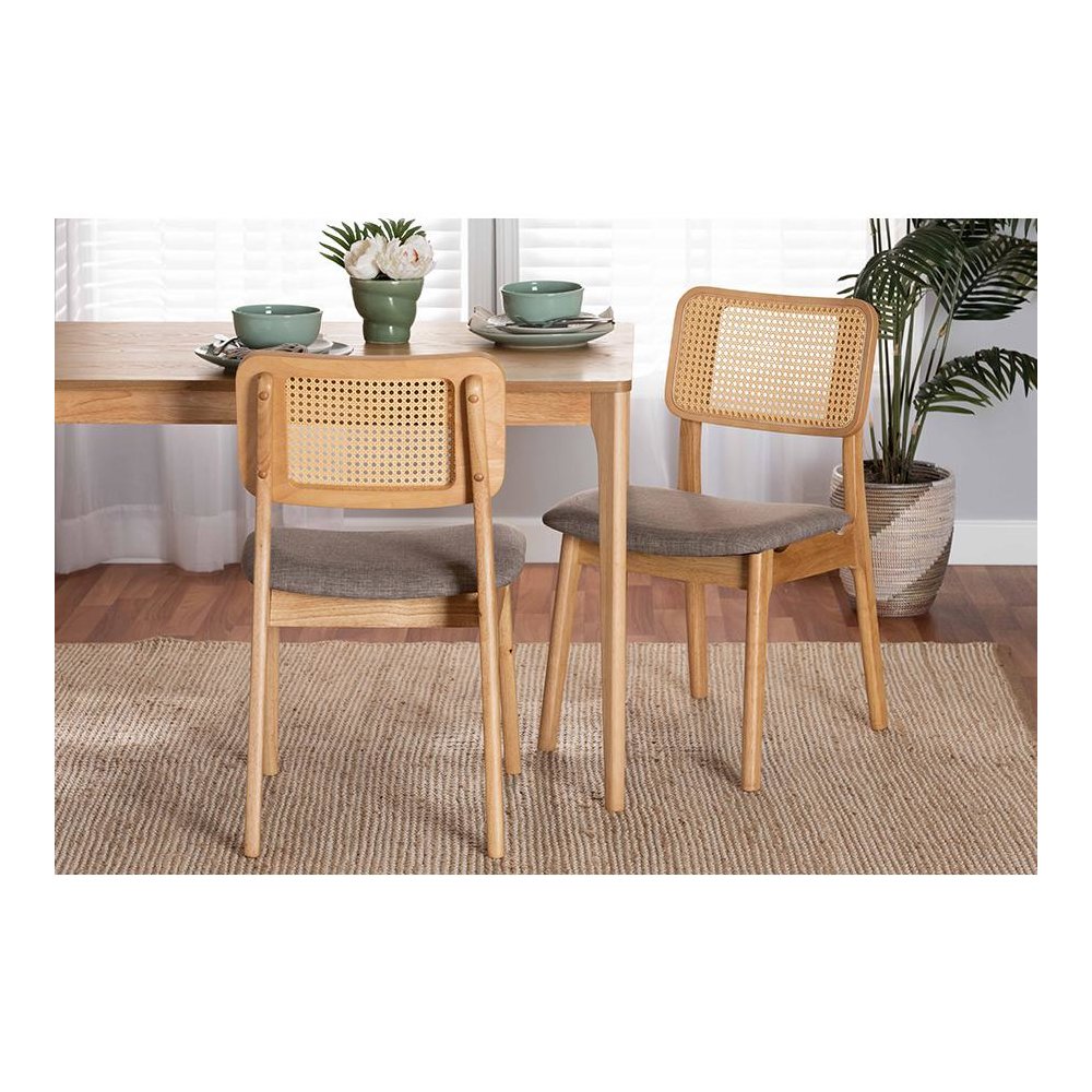 Grey Fabric and Ntural Oak Finished Wood 2-Piece Dining Chair Set