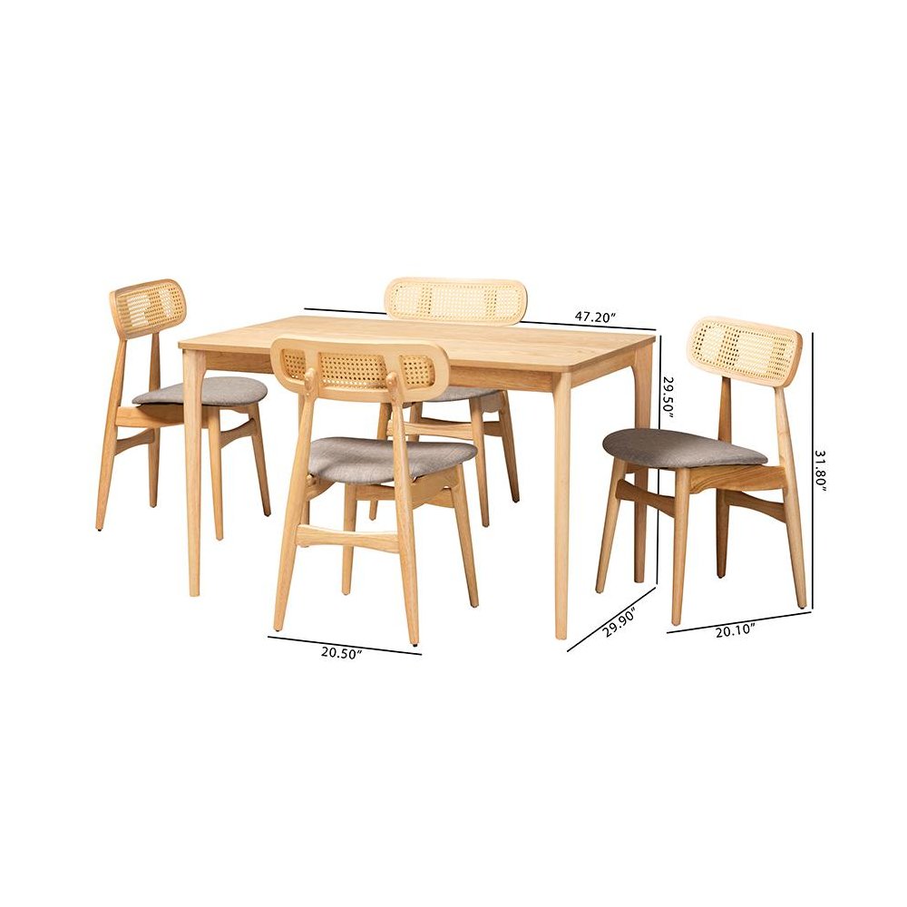 Grey Fabric and Natural Oak Finished Wood 5-Piece Dining Set