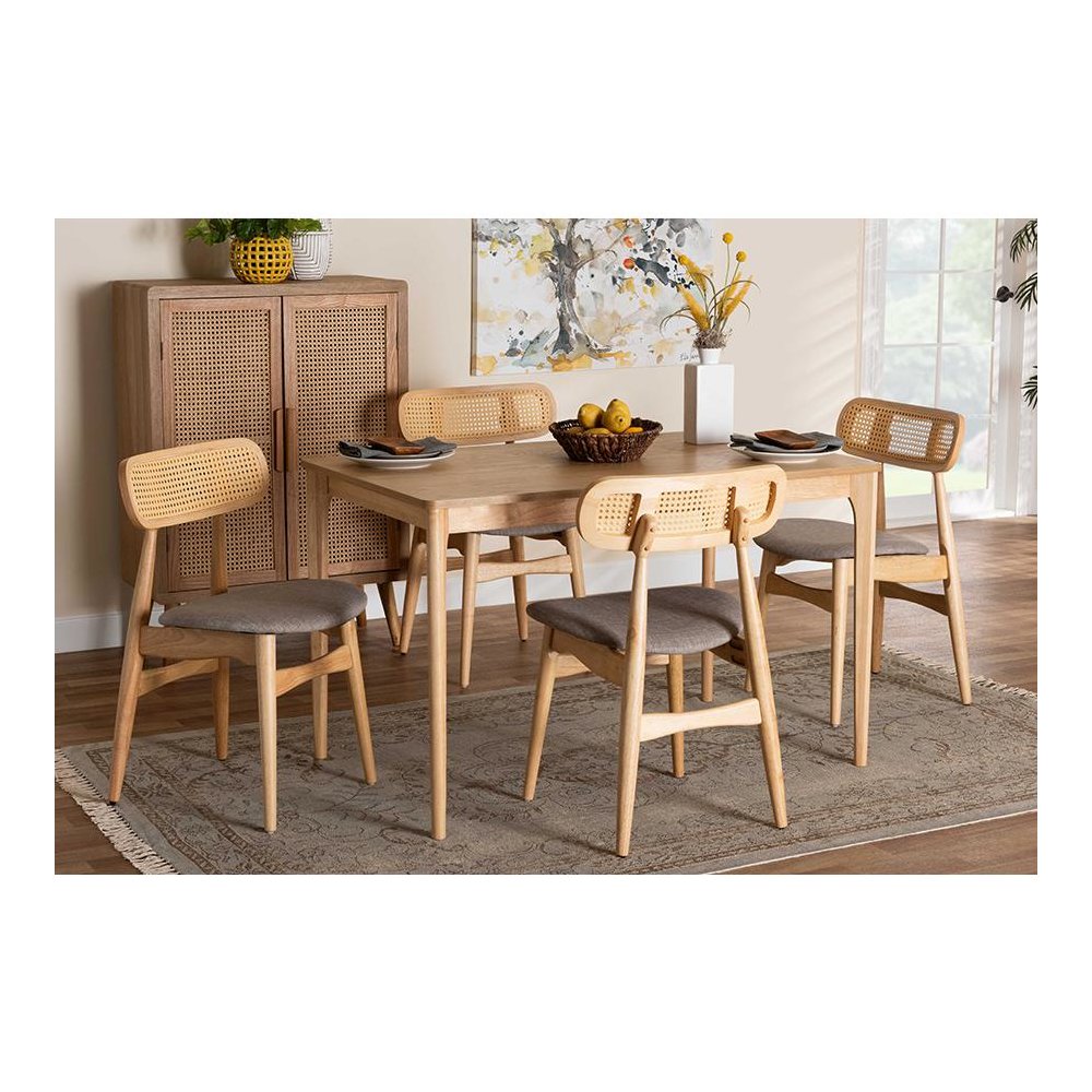 Grey Fabric and Natural Oak Finished Wood 5-Piece Dining Set