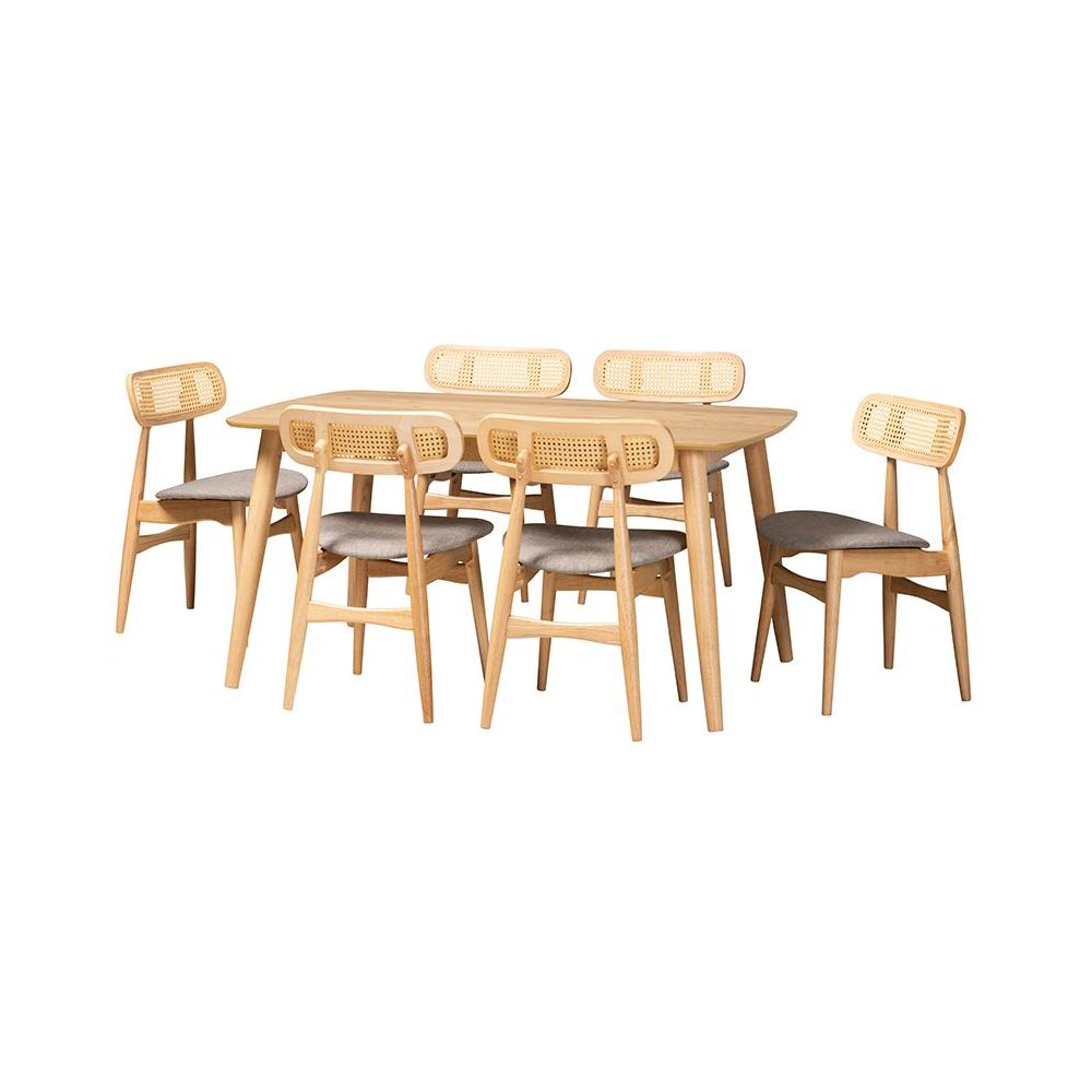 Grey Fabric and Natural Oak Finished Wood 7-Piece Dining Set