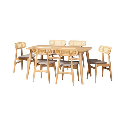 Grey Fabric and Natural Oak Finished Wood 7-Piece Dining Set