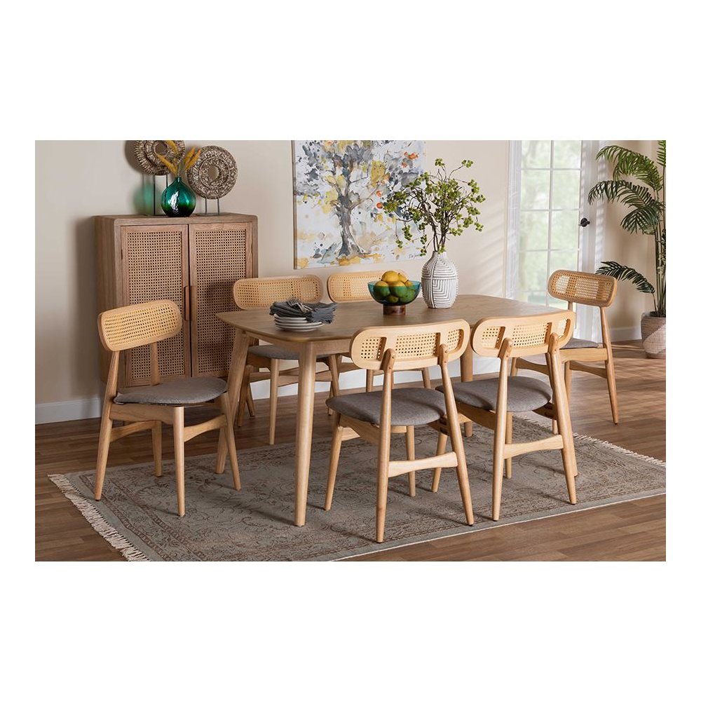 Grey Fabric and Natural Oak Finished Wood 7-Piece Dining Set