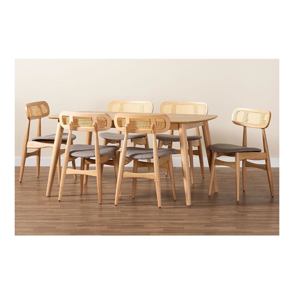 Grey Fabric and Natural Oak Finished Wood 7-Piece Dining Set