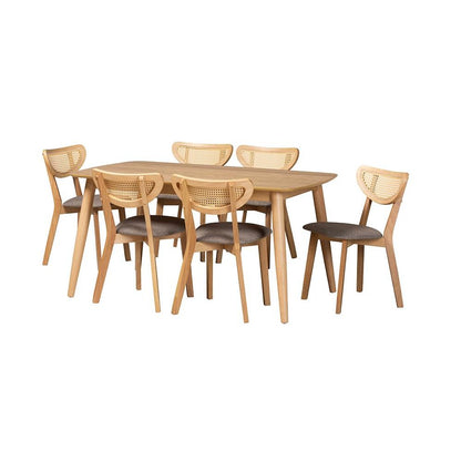 Grey Fabric and Natural Oak Finished Wood 7-Piece Dining Set
