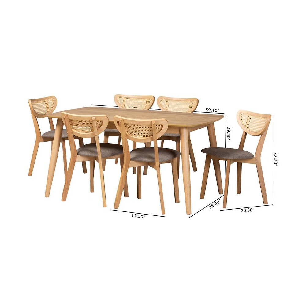 Grey Fabric and Natural Oak Finished Wood 7-Piece Dining Set