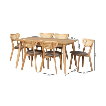 Grey Fabric and Natural Oak Finished Wood 7-Piece Dining Set