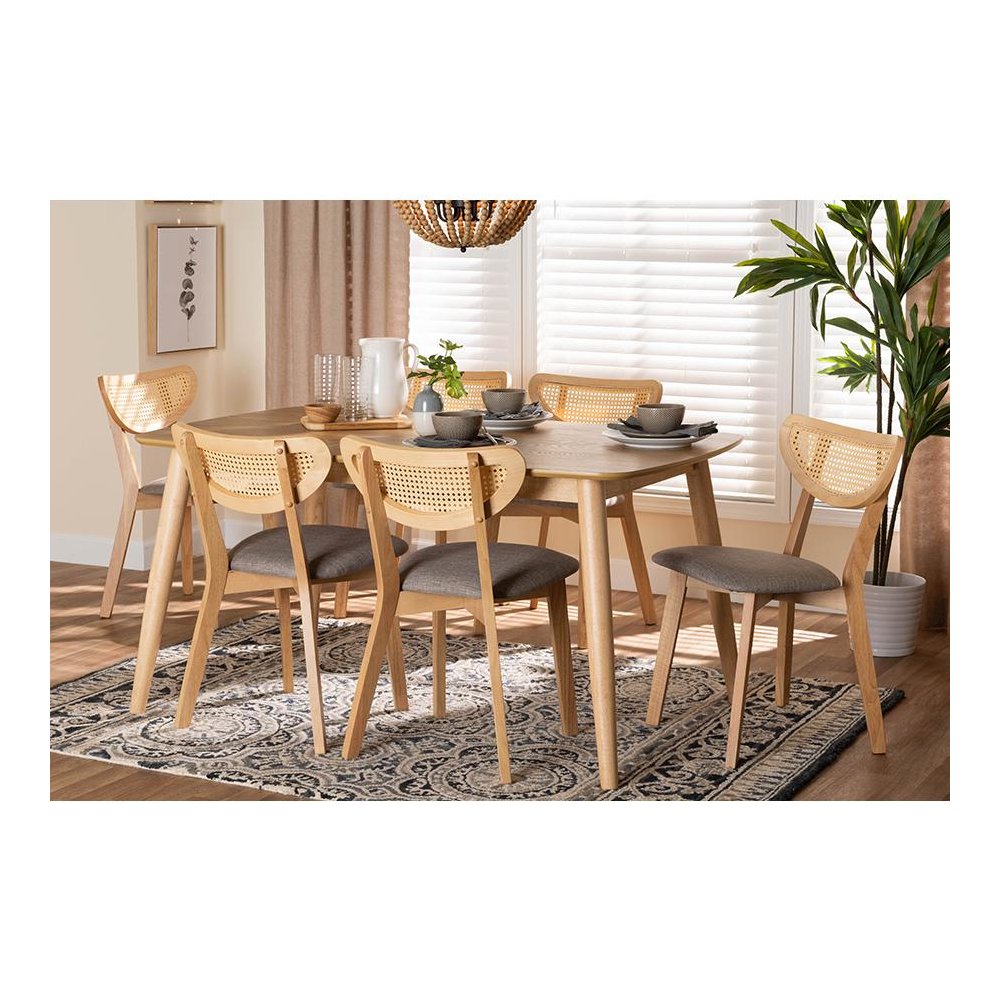 Grey Fabric and Natural Oak Finished Wood 7-Piece Dining Set