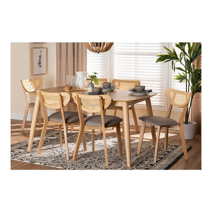 Grey Fabric and Natural Oak Finished Wood 7-Piece Dining Set