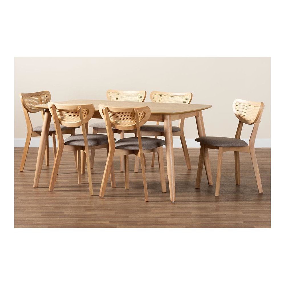 Grey Fabric and Natural Oak Finished Wood 7-Piece Dining Set