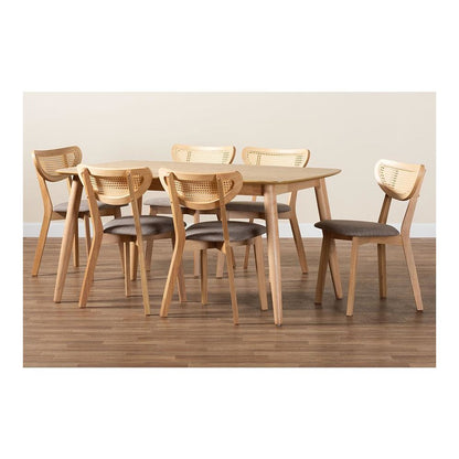 Grey Fabric and Natural Oak Finished Wood 7-Piece Dining Set