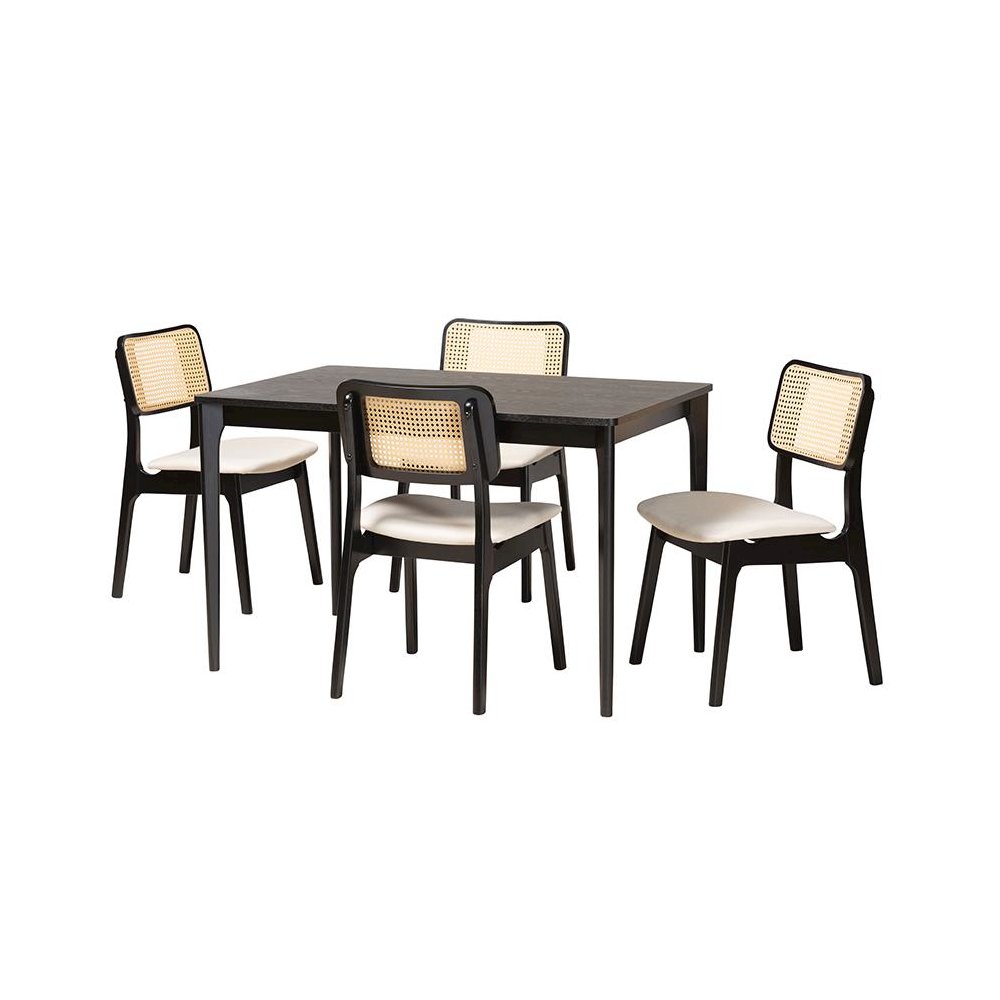Cream Fabric and Black Finished Wood 5-Piece Dining Set