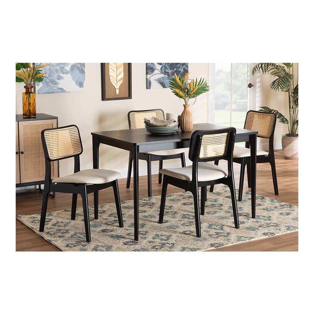 Cream Fabric and Black Finished Wood 5-Piece Dining Set