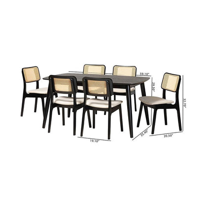 Cream Fabric and Black Finished Wood 7-Piece Dining Set