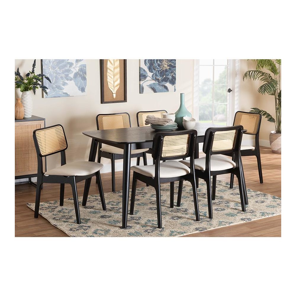 Cream Fabric and Black Finished Wood 7-Piece Dining Set