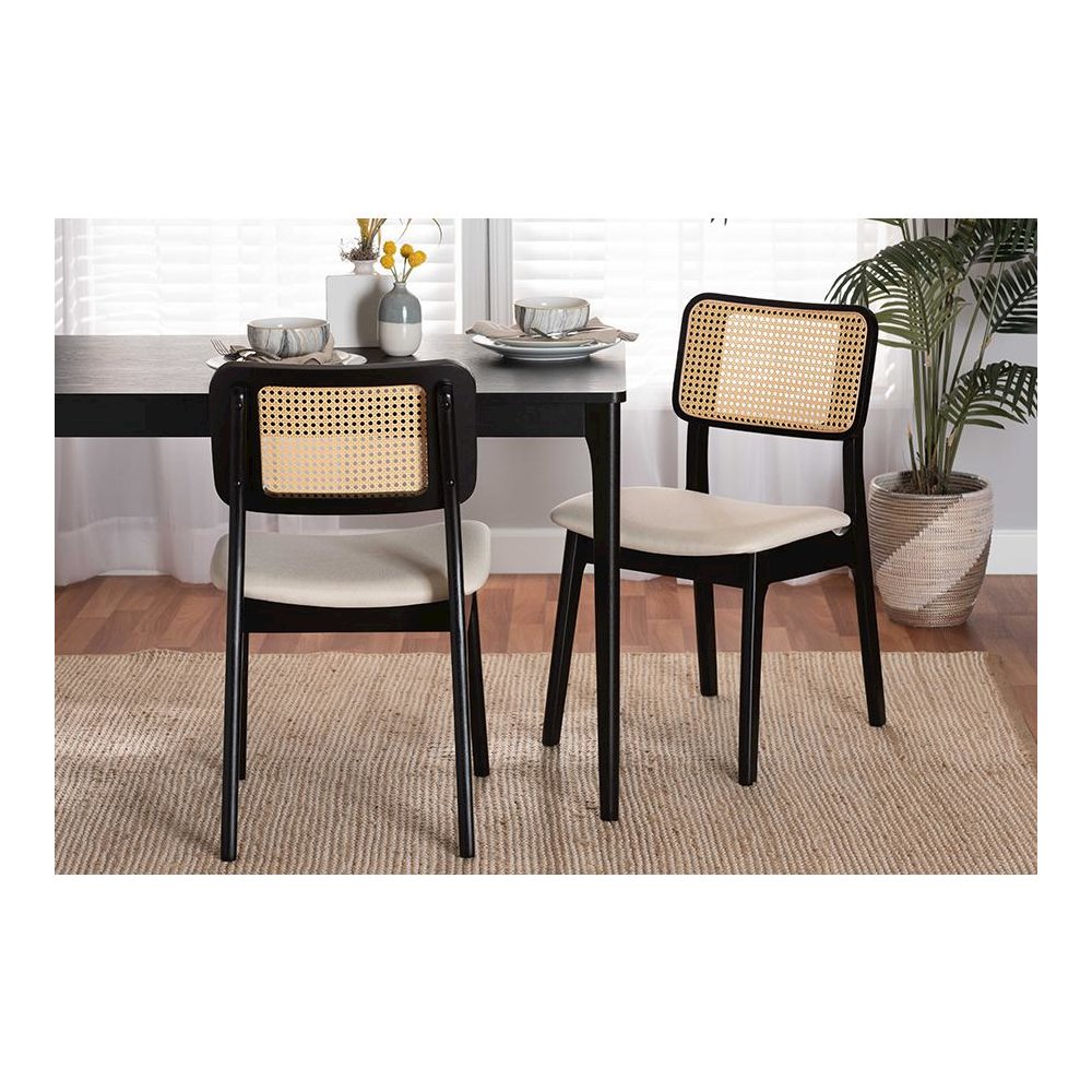 Cream Fabric and Black Finished Wood 2-Piece Dining Chair Set