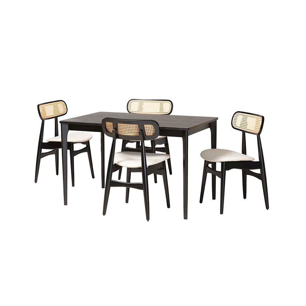 Cream Fabric and Black Finished Wood 5-Piece Dining Set