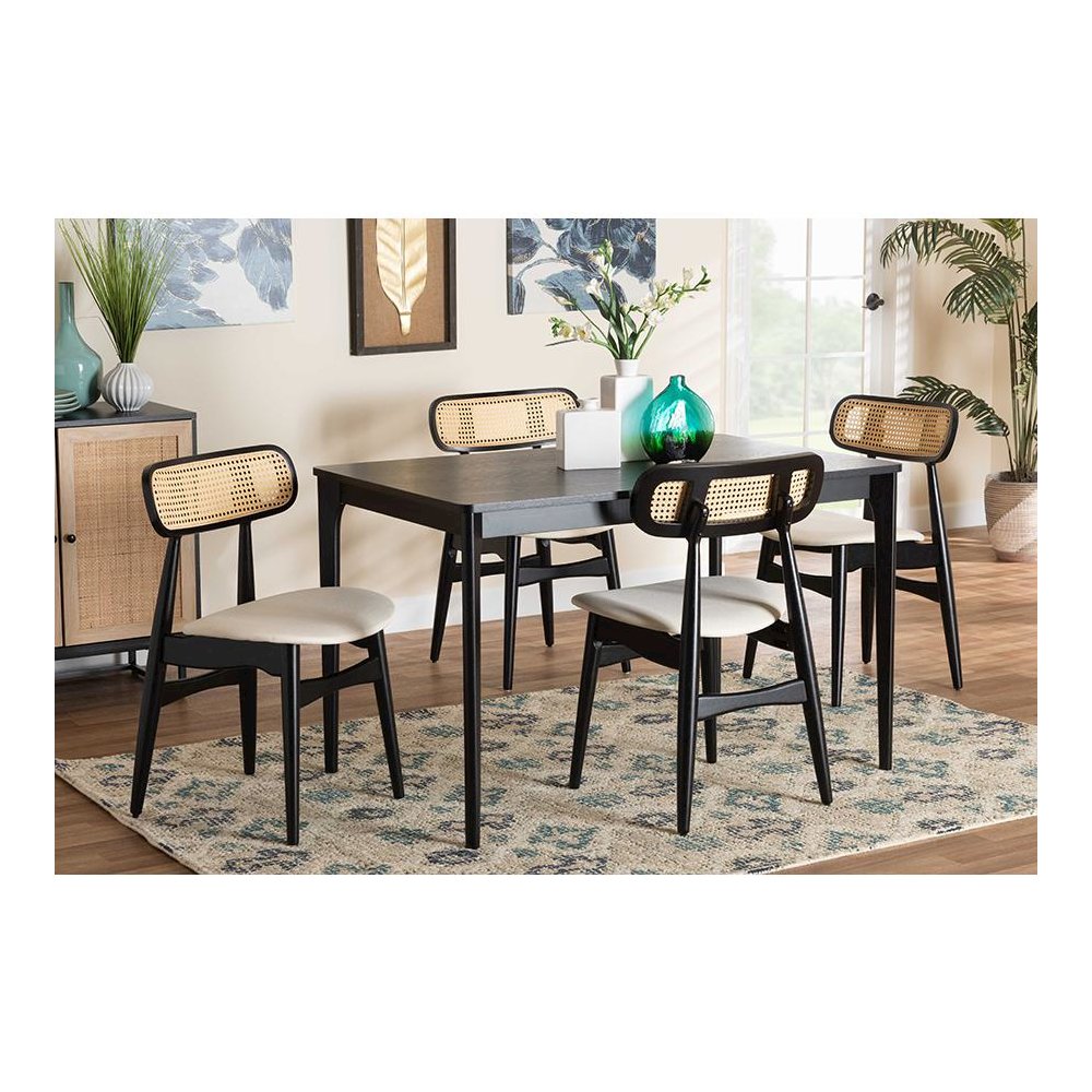 Cream Fabric and Black Finished Wood 5-Piece Dining Set