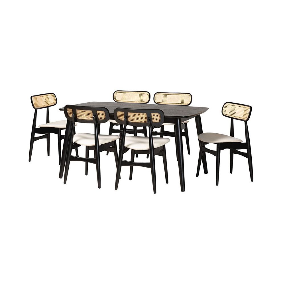 Cream Fabric and Black Finished Wood 7-Piece Dining Set