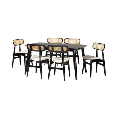 Cream Fabric and Black Finished Wood 7-Piece Dining Set