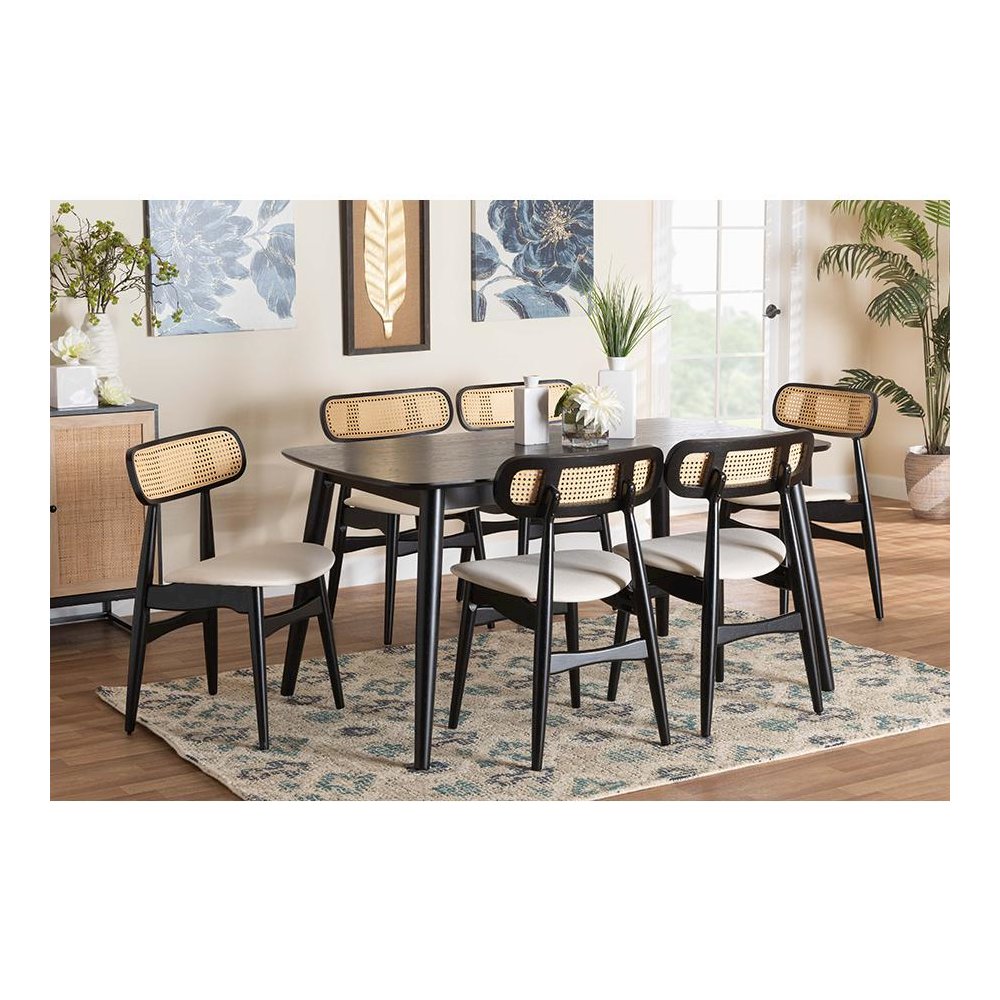Cream Fabric and Black Finished Wood 7-Piece Dining Set