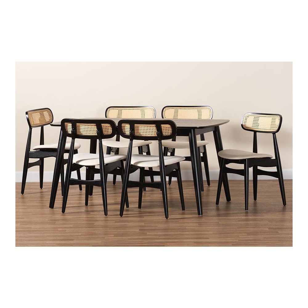 Cream Fabric and Black Finished Wood 7-Piece Dining Set